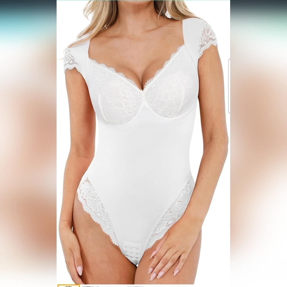Popilush White Lace Cap Sleeve V Neck Shapewear Tummy Control Bodysuit Size XXL